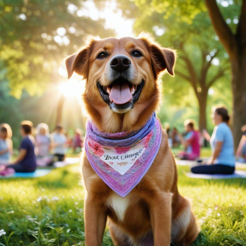 A heartwarming scene of a dog wearing a bandana that says 'Bark for Change', surrounded by smiling people of diverse backgrounds in a park setting, engaging in activities like yoga, walking with dogs, or sharing stories about their cancer journey. Lush greenery and colorful flowers enhance the atmosphere of hope and community. Soft sunlight filtering through the trees to create a warm glow. super-realistic. vibrant colors. idyllic setting.