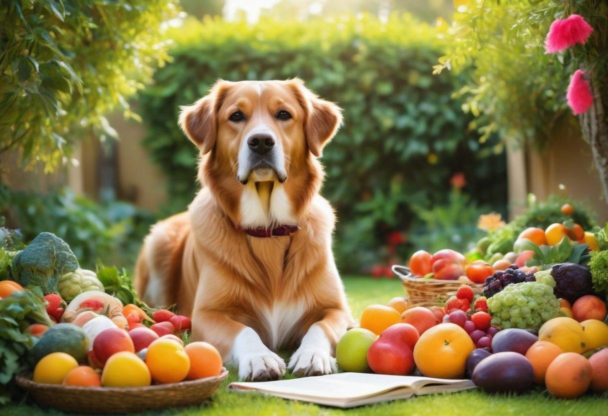 A loving dog sitting beside a human, both surrounded by symbols of health such as fruits, vegetables, and awareness ribbons in vibrant colors. The dog looks alert and healthy, conveying a sense of joy and vitality, while the human is reading a book on canine wellness. Soft sunlight filters through a lush garden, creating an inviting atmosphere. super-realistic. vibrant colors. soft focus.