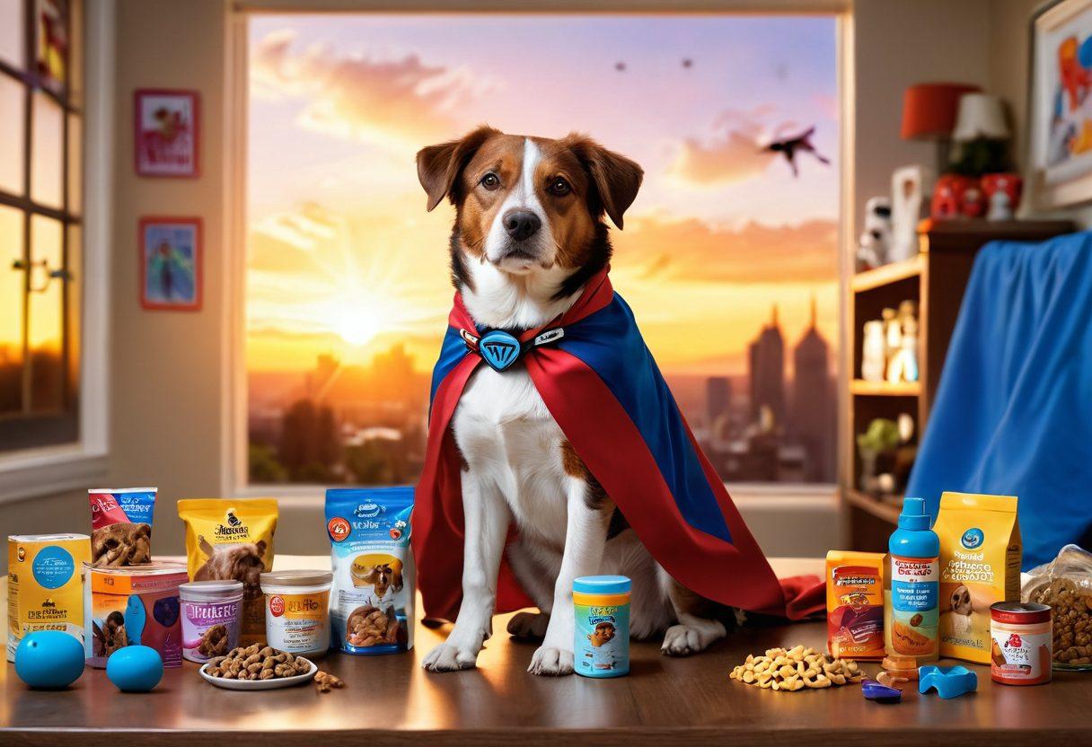 A heartwarming scene depicting a playful dog wearing a superhero cape, surrounded by vibrant icons of innovative dog care products like advanced health monitoring devices and nutritious dog food. In the background, a sunset symbolizes hope, while ribbons representing cancer awareness flutter gently. The overall atmosphere is uplifting and energetic, emphasizing the bond between dogs and their owners. super-realistic. vibrant colors.